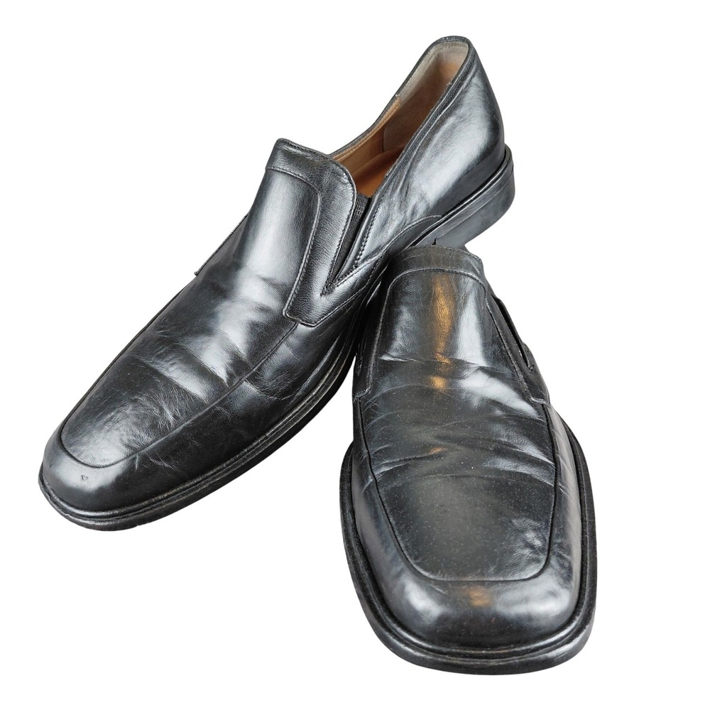 Johnston & Murphy Mens Black Leather Square Toe Loafers Made in Italy 8.5 M 5581